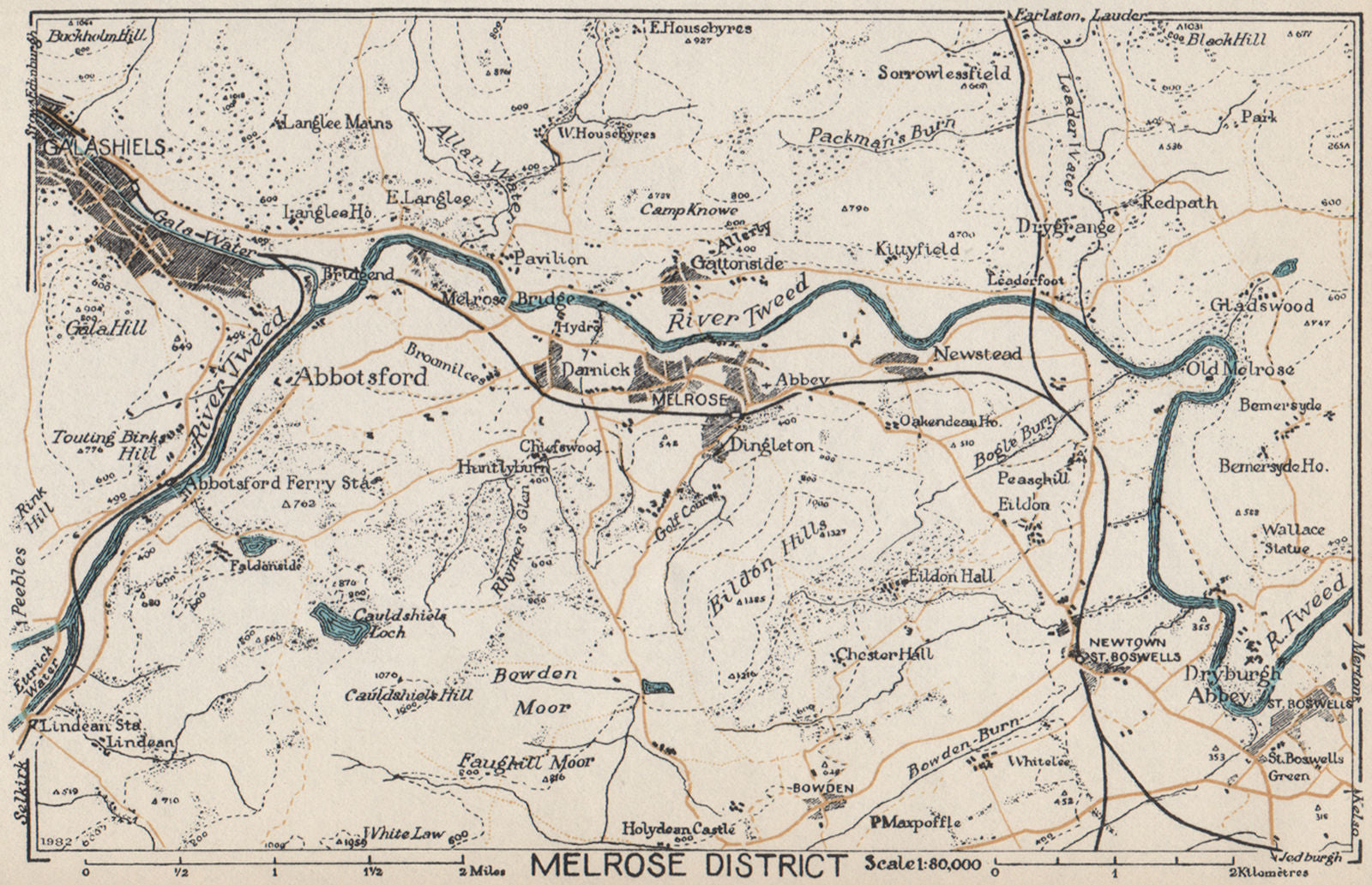 MELROSE DISTRICT. Vintage map plan. Galashiels Abbotsford Tweed. Scotland 1959